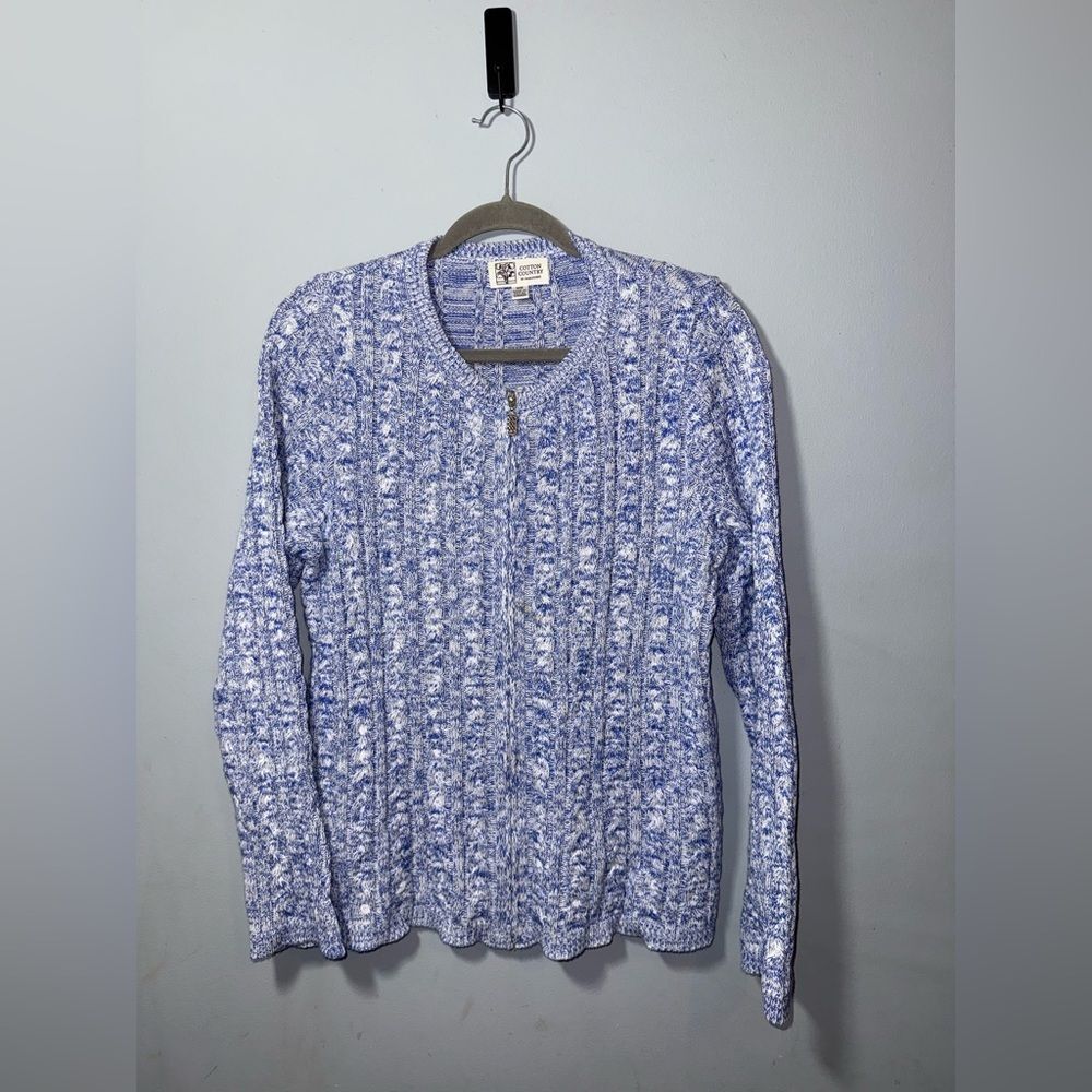 Cotton Country by Parkhurst Blue & White 100% cotton zip up sweater size M EUC